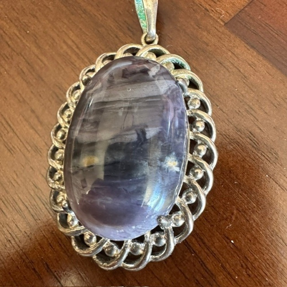 Vintage Purple Gray Banded Stone Cabochon Statement Pendant Boho 1970s 2‎ Inch